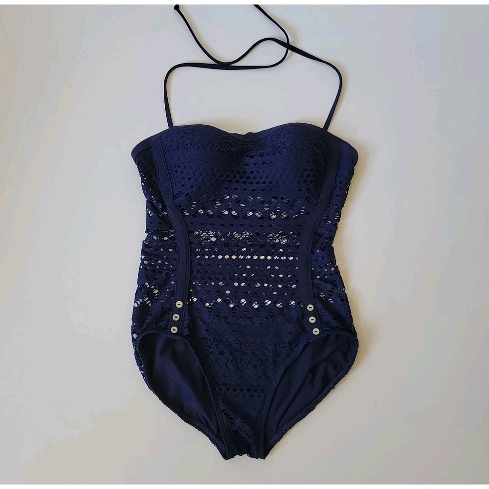 Robin‎ Piccone Penelope Crochet One Piece Halter Swimsuit 6 Navy Blue Cruise